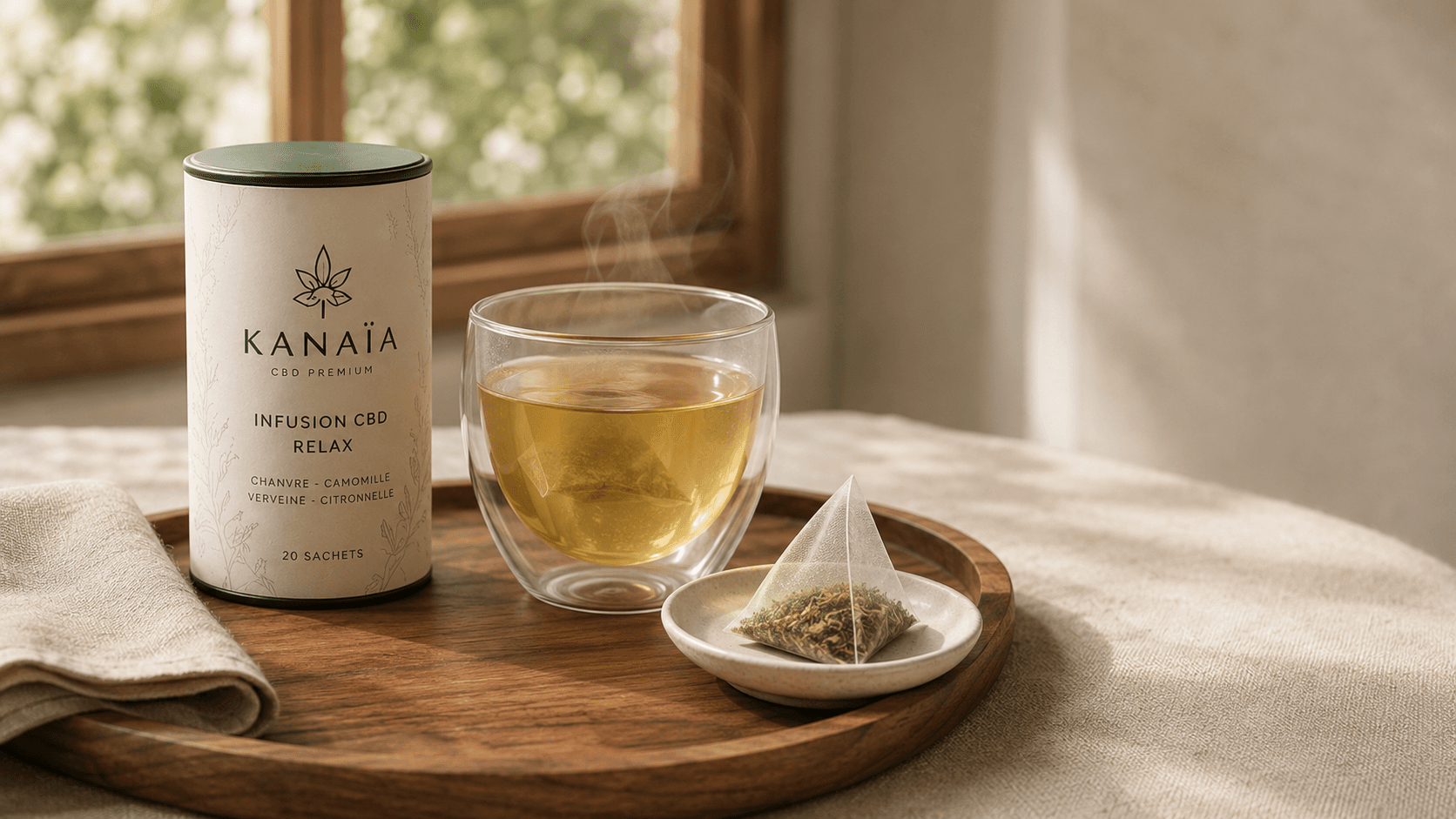 Infusion Relax KANAÏA servie fumante près de la fenêtre, sachet pyramide sur sa coupelle